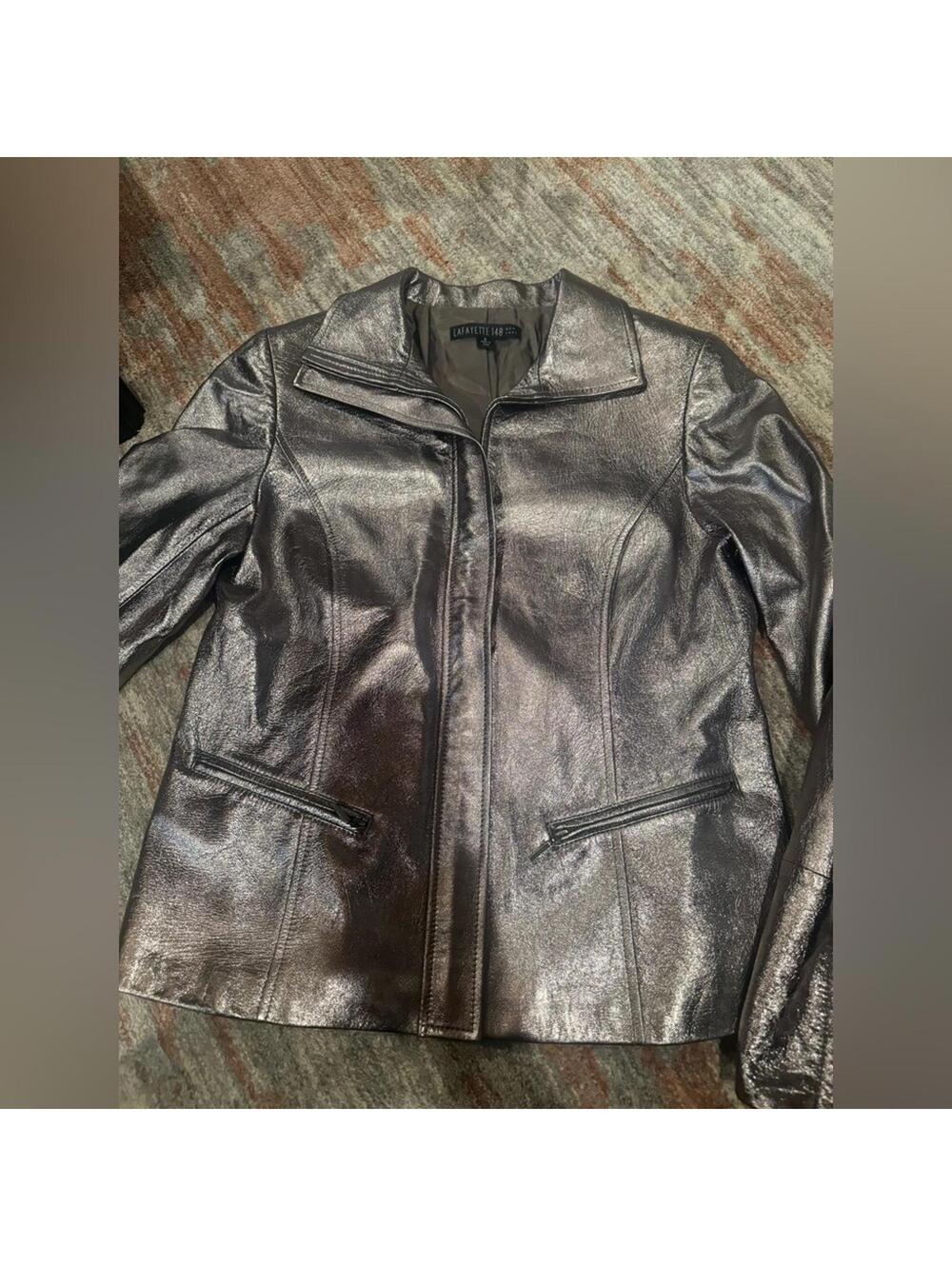 Lafayette 148 Metallic Silver Full Zip Lambskin Leather Jacket Size 6 - Picture 4 of 8